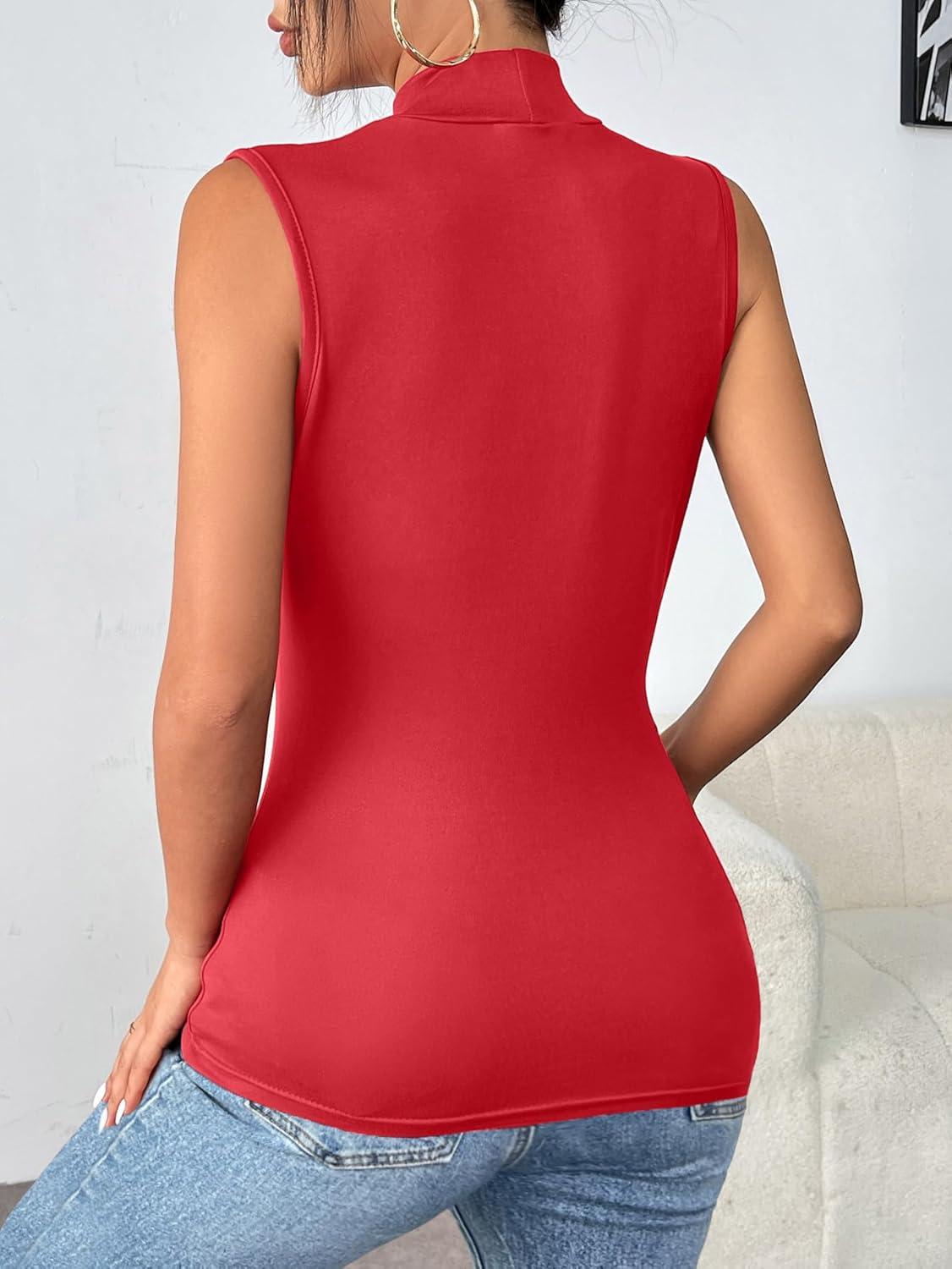 imageZeagoo Womens Mock Turtleneck Tank Tops 2026 Slim Fitted Sleeveless Top Stretchy Basic Casual Layer Tee ShirtsRed