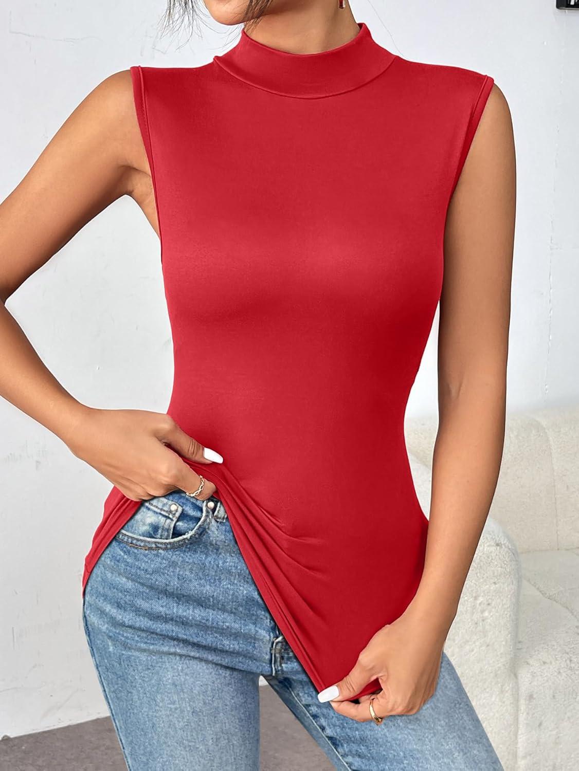 imageZeagoo Womens Mock Turtleneck Tank Tops 2026 Slim Fitted Sleeveless Top Stretchy Basic Casual Layer Tee ShirtsRed