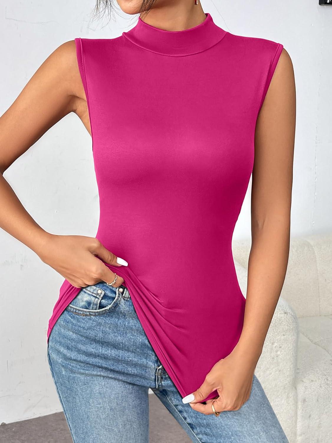 imageZeagoo Womens Mock Turtleneck Tank Tops 2026 Slim Fitted Sleeveless Top Stretchy Basic Casual Layer Tee ShirtsRose Red