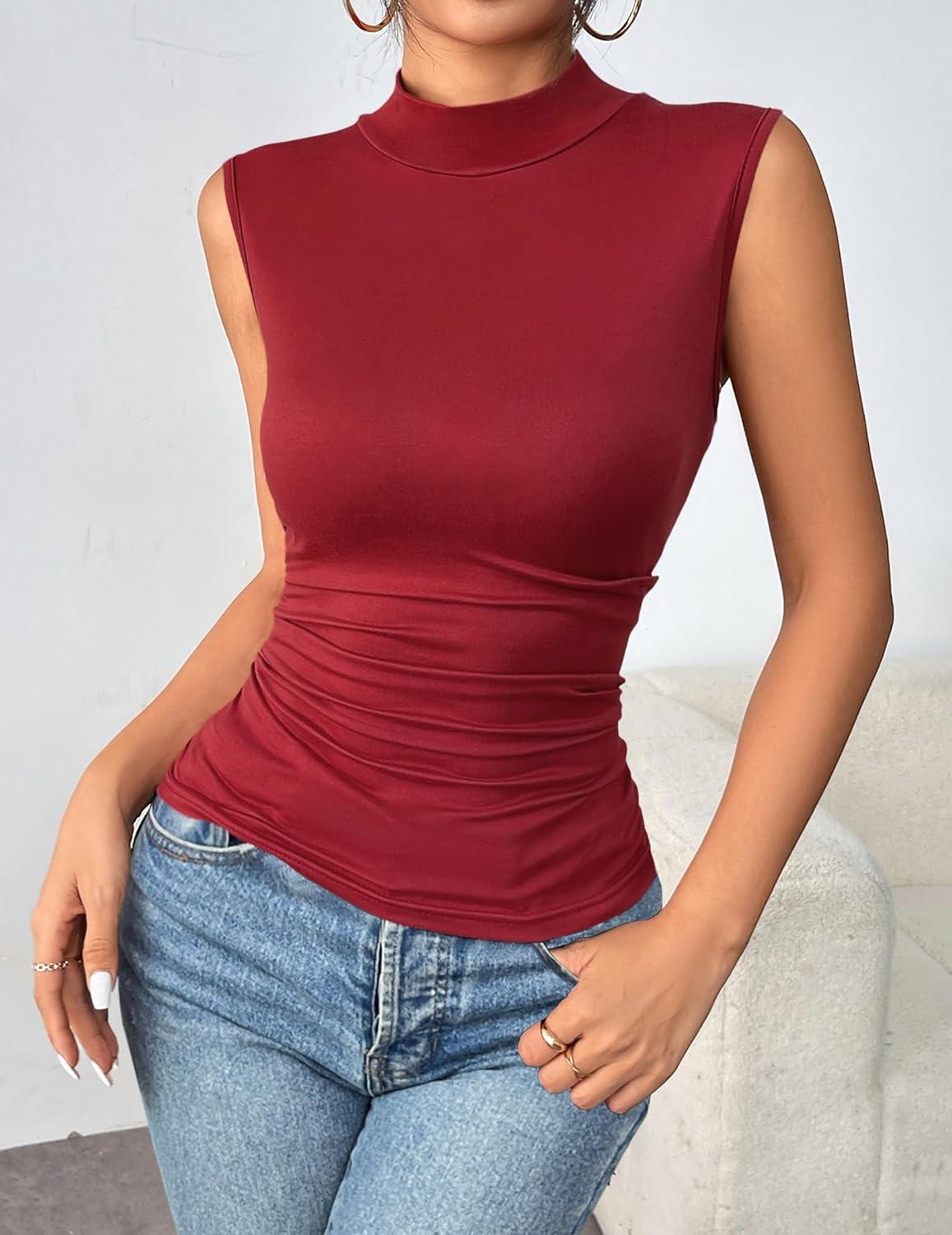 imageZeagoo Womens Mock Turtleneck Tank Tops 2026 Slim Fitted Sleeveless Top Stretchy Basic Casual Layer Tee ShirtsWine Red