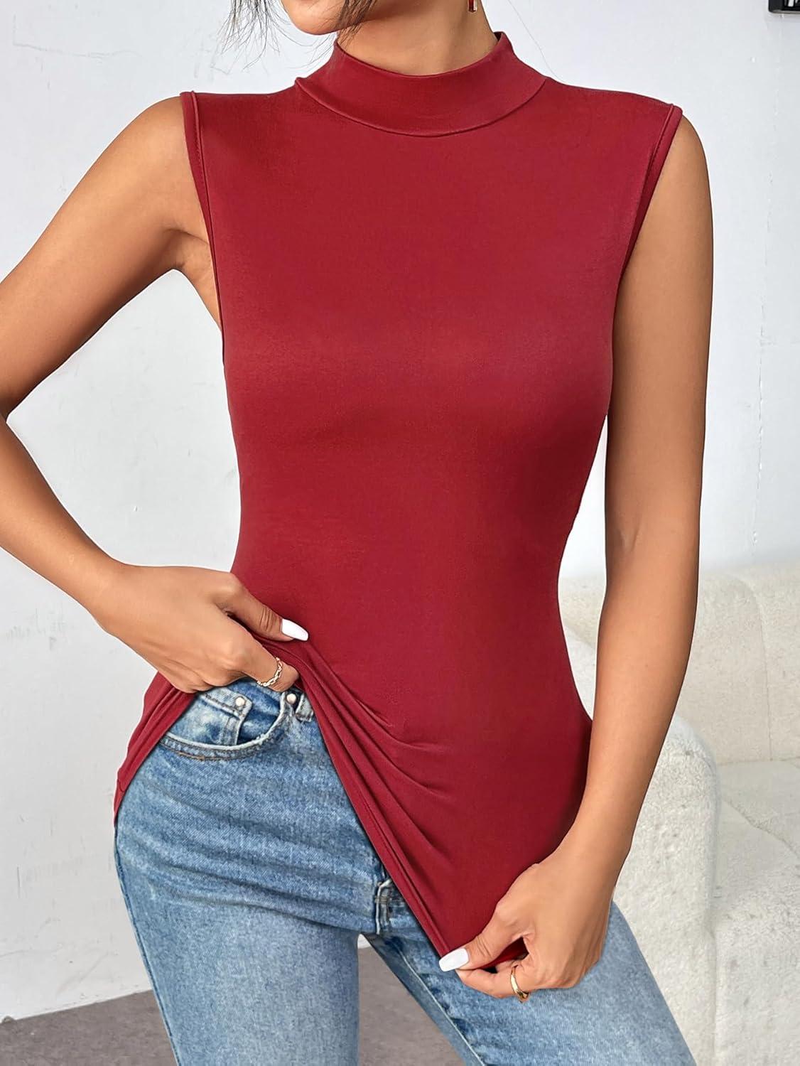 imageZeagoo Womens Mock Turtleneck Tank Tops 2026 Slim Fitted Sleeveless Top Stretchy Basic Casual Layer Tee ShirtsWine Red