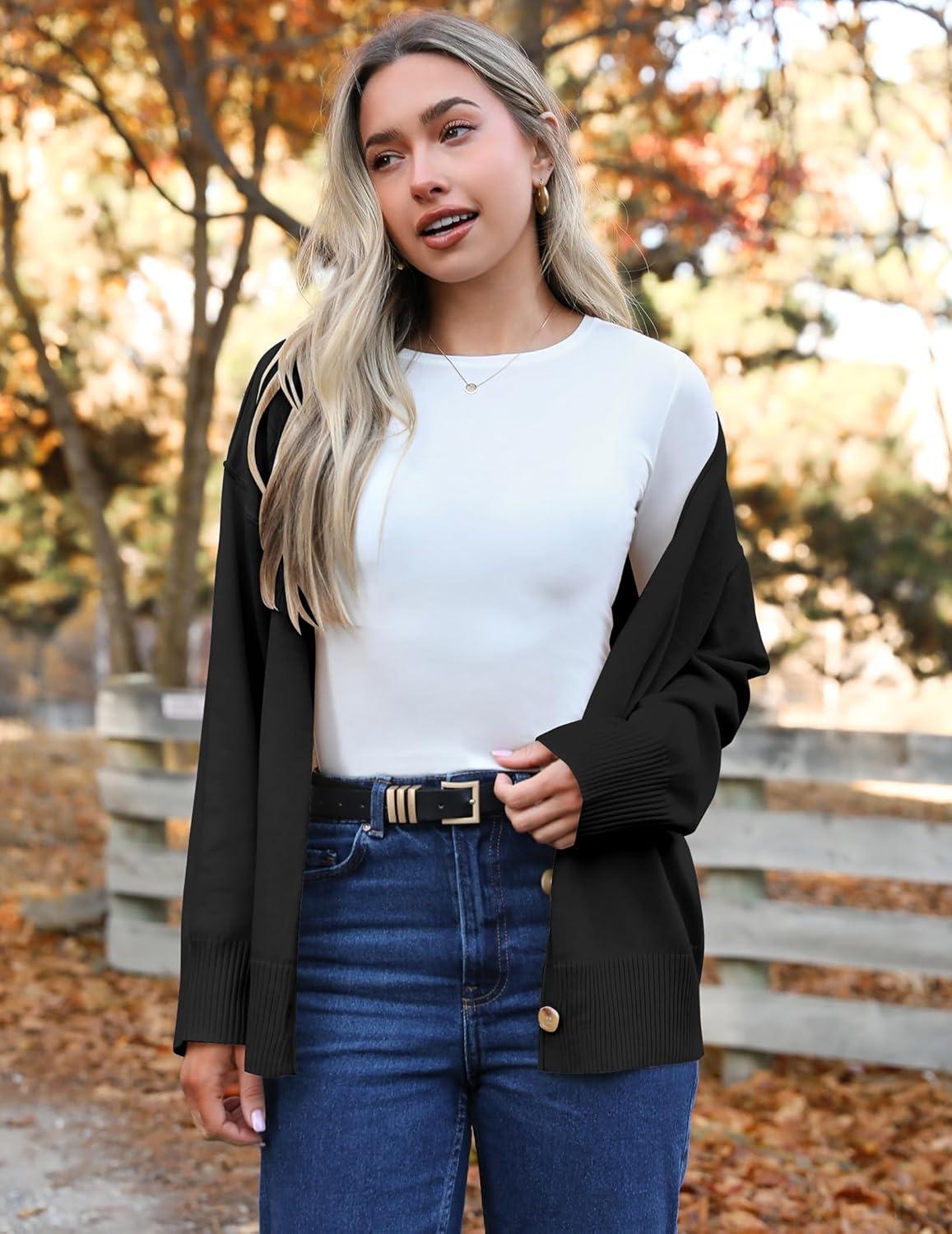 imageZeagoo Womens Oversized Button Cardigan Sweaters 2026 Fall Open Front Lightweight Cardigans V Neck Loose Knit OutwearBlack