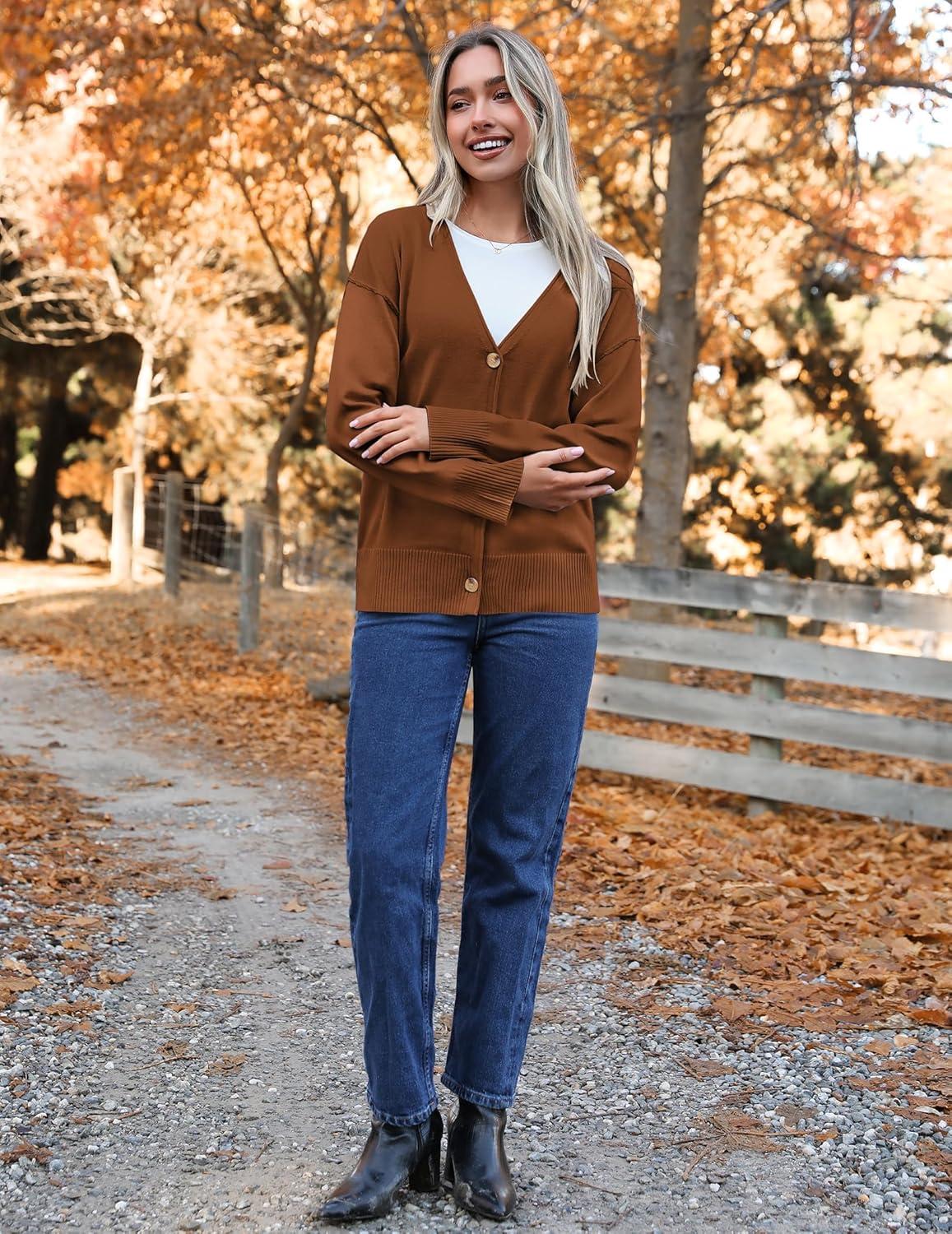 imageZeagoo Womens Oversized Button Cardigan Sweaters 2026 Fall Open Front Lightweight Cardigans V Neck Loose Knit OutwearCoffee