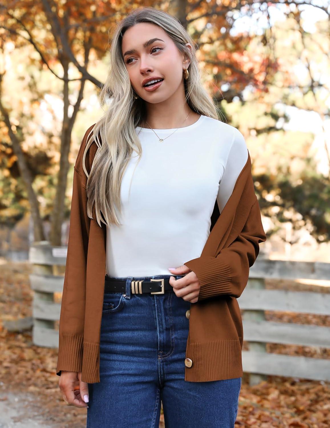 imageZeagoo Womens Oversized Button Cardigan Sweaters 2026 Fall Open Front Lightweight Cardigans V Neck Loose Knit OutwearCoffee