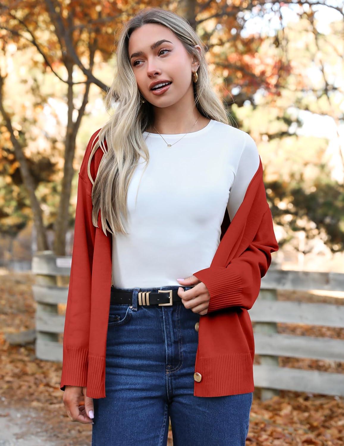 imageZeagoo Womens Oversized Button Cardigan Sweaters 2026 Fall Open Front Lightweight Cardigans V Neck Loose Knit OutwearRed