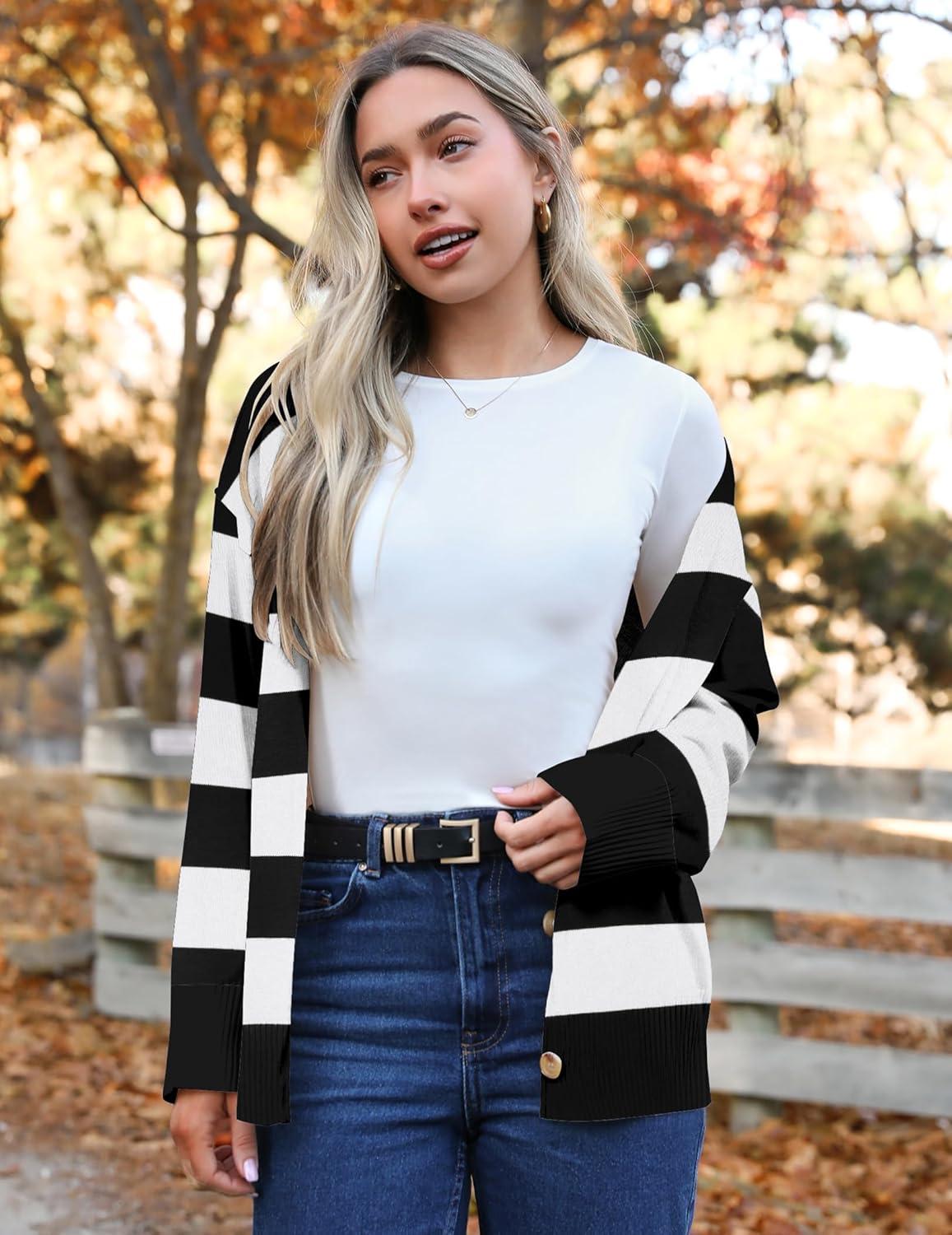 imageZeagoo Womens Oversized Button Cardigan Sweaters 2026 Fall Open Front Lightweight Cardigans V Neck Loose Knit OutwearStripes Black White