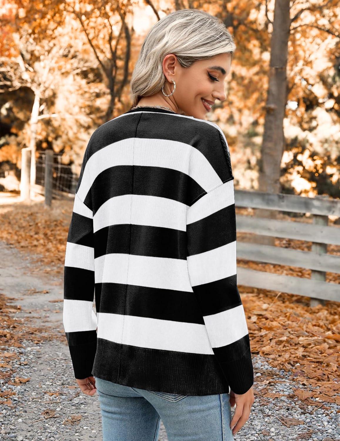 imageZeagoo Womens Oversized Button Cardigan Sweaters 2026 Fall Open Front Lightweight Cardigans V Neck Loose Knit OutwearStripes Black White