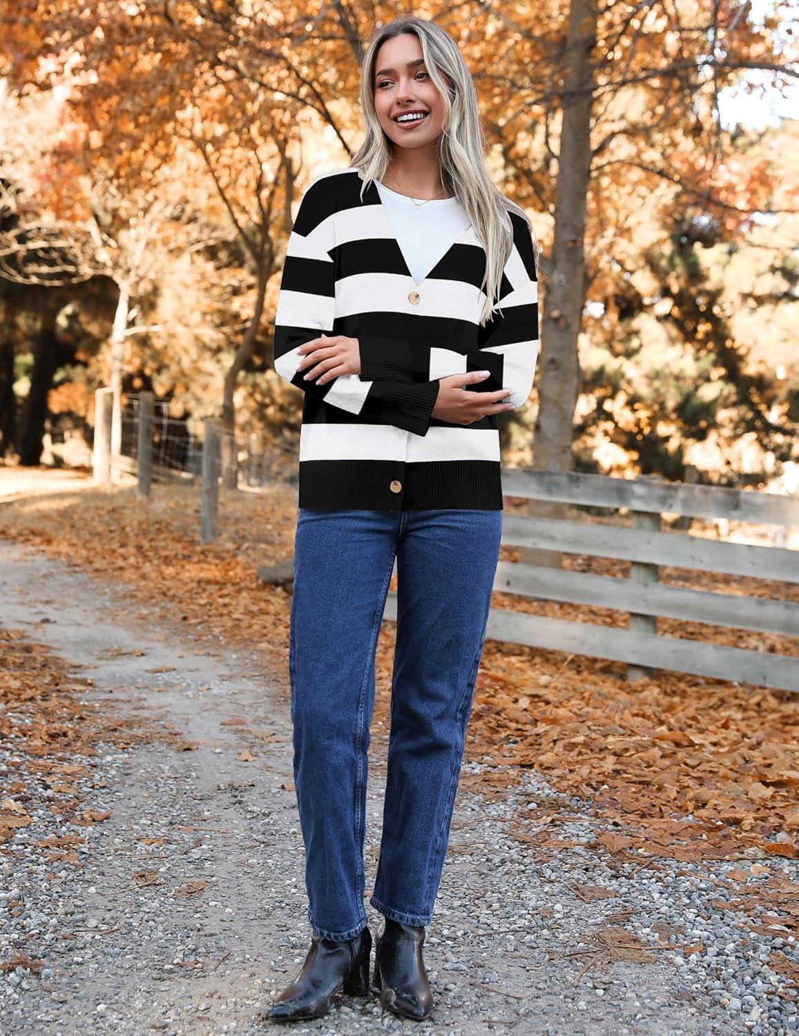 imageZeagoo Womens Oversized Button Cardigan Sweaters 2026 Fall Open Front Lightweight Cardigans V Neck Loose Knit OutwearStripes Black White
