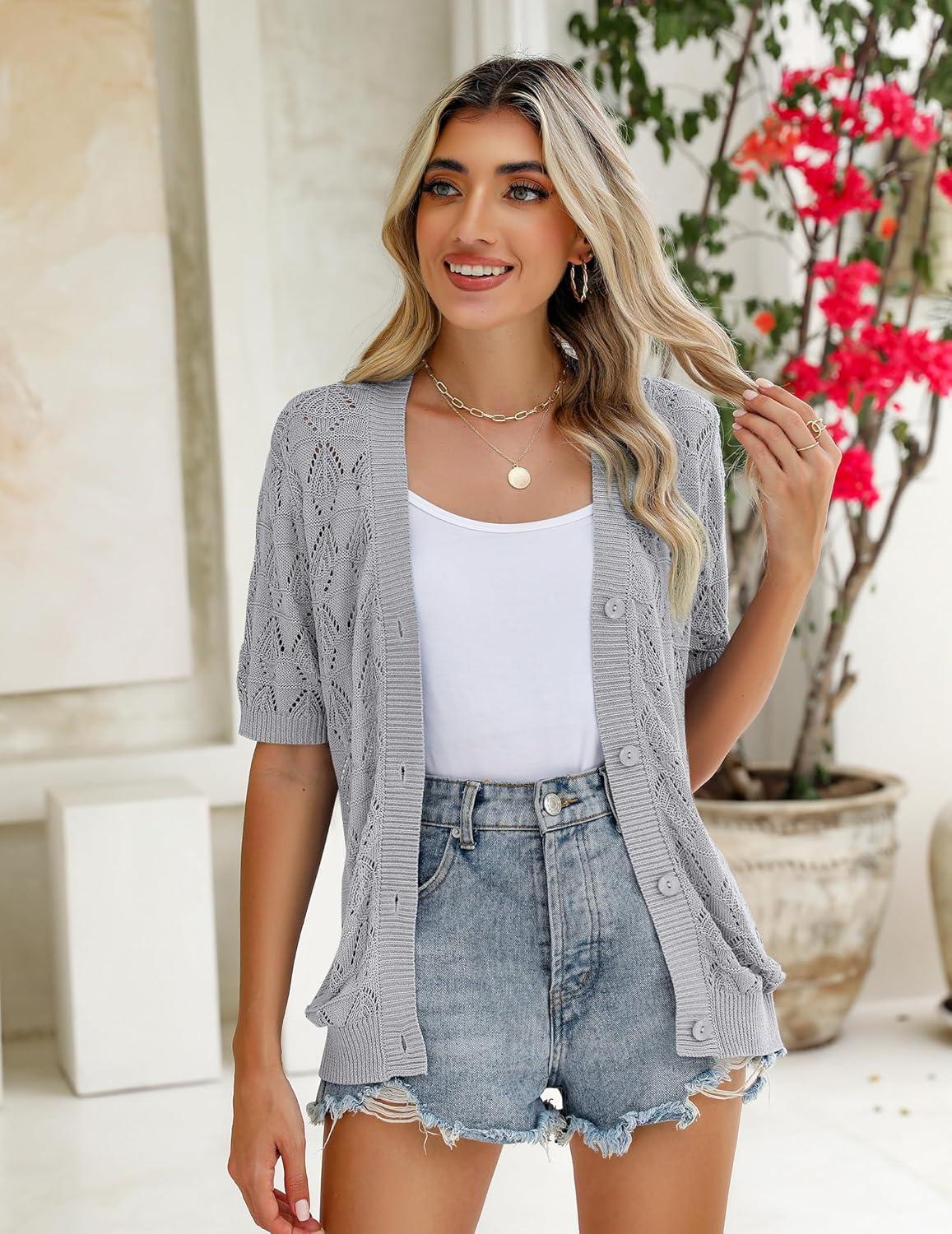 imageZeagoo Womens Short Sleeve 2026 Summer Crochet Cropped Cardigan V Neck Button up Bolero Shrug SweaterGrey