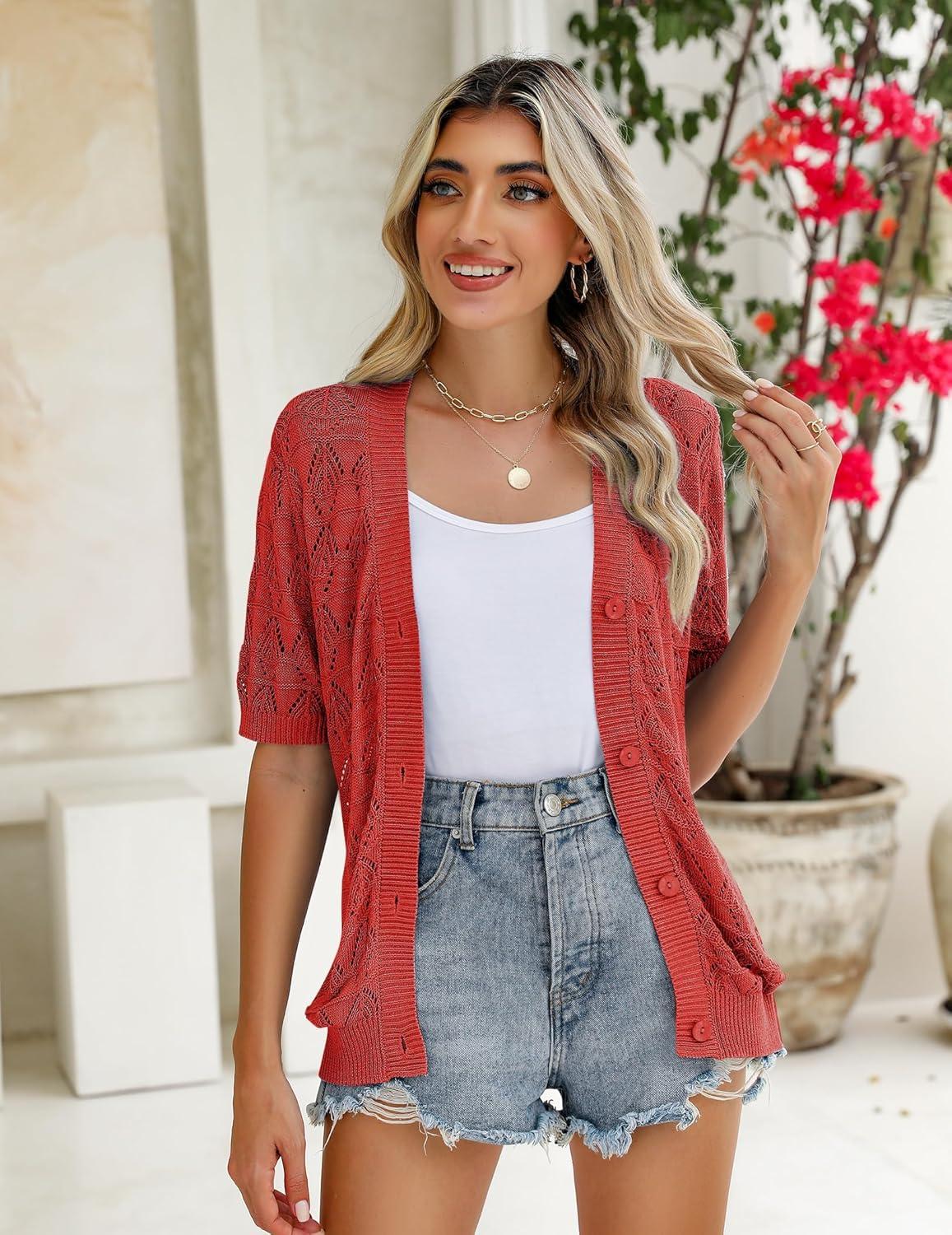 imageZeagoo Womens Short Sleeve 2026 Summer Crochet Cropped Cardigan V Neck Button up Bolero Shrug SweaterRed