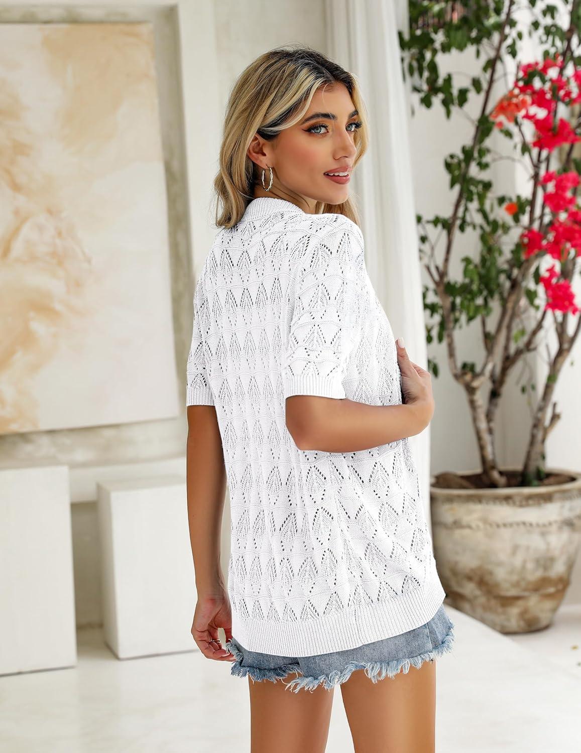 imageZeagoo Womens Short Sleeve 2026 Summer Crochet Cropped Cardigan V Neck Button up Bolero Shrug SweaterWhite