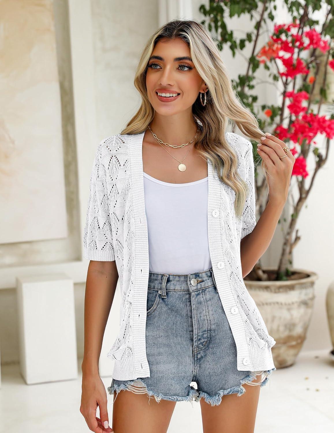imageZeagoo Womens Short Sleeve 2026 Summer Crochet Cropped Cardigan V Neck Button up Bolero Shrug SweaterWhite