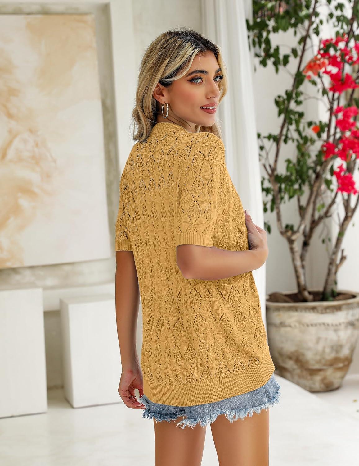 imageZeagoo Womens Short Sleeve 2026 Summer Crochet Cropped Cardigan V Neck Button up Bolero Shrug SweaterYellow