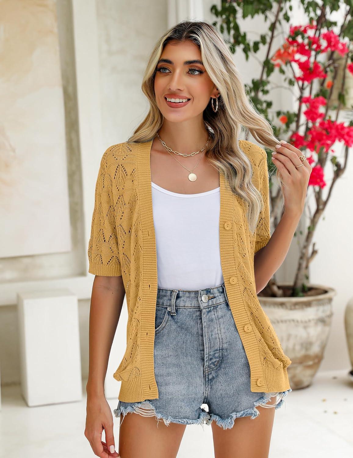 imageZeagoo Womens Short Sleeve 2026 Summer Crochet Cropped Cardigan V Neck Button up Bolero Shrug SweaterYellow