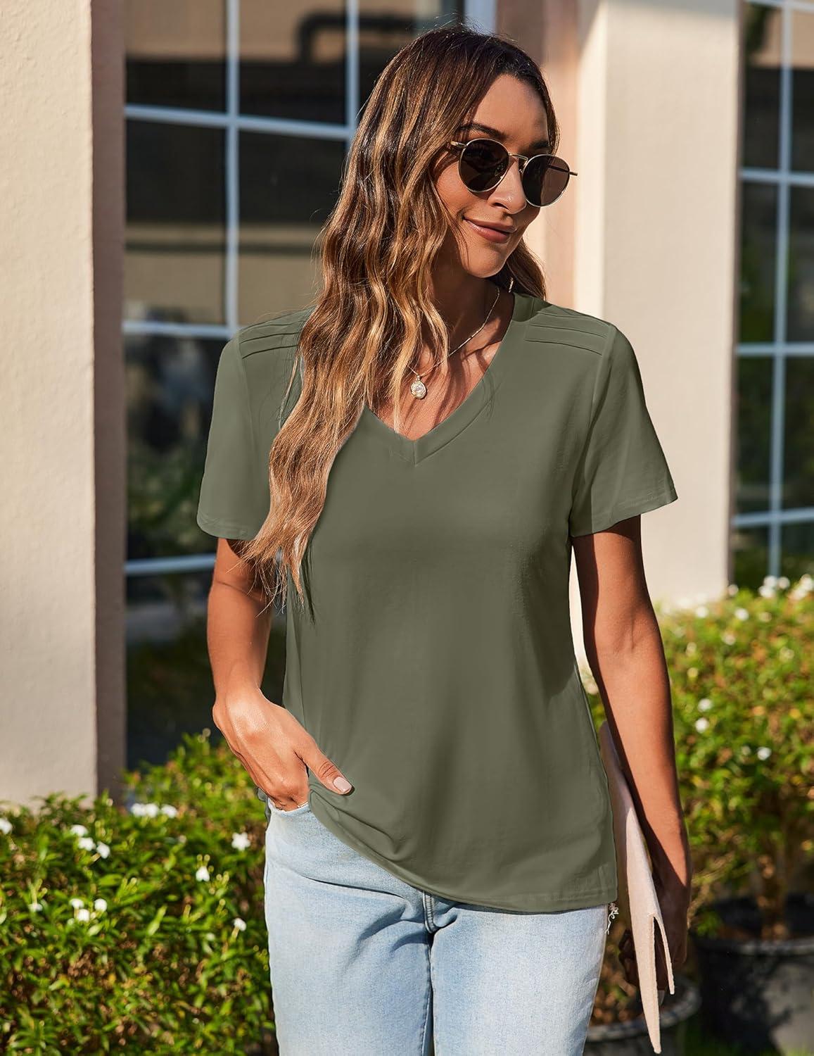imageZeagoo Womens Short Sleeve Shirts for Summer Casual VNeck Blouse Shirts 2025 Dressy Tops with PleatsArmy Green