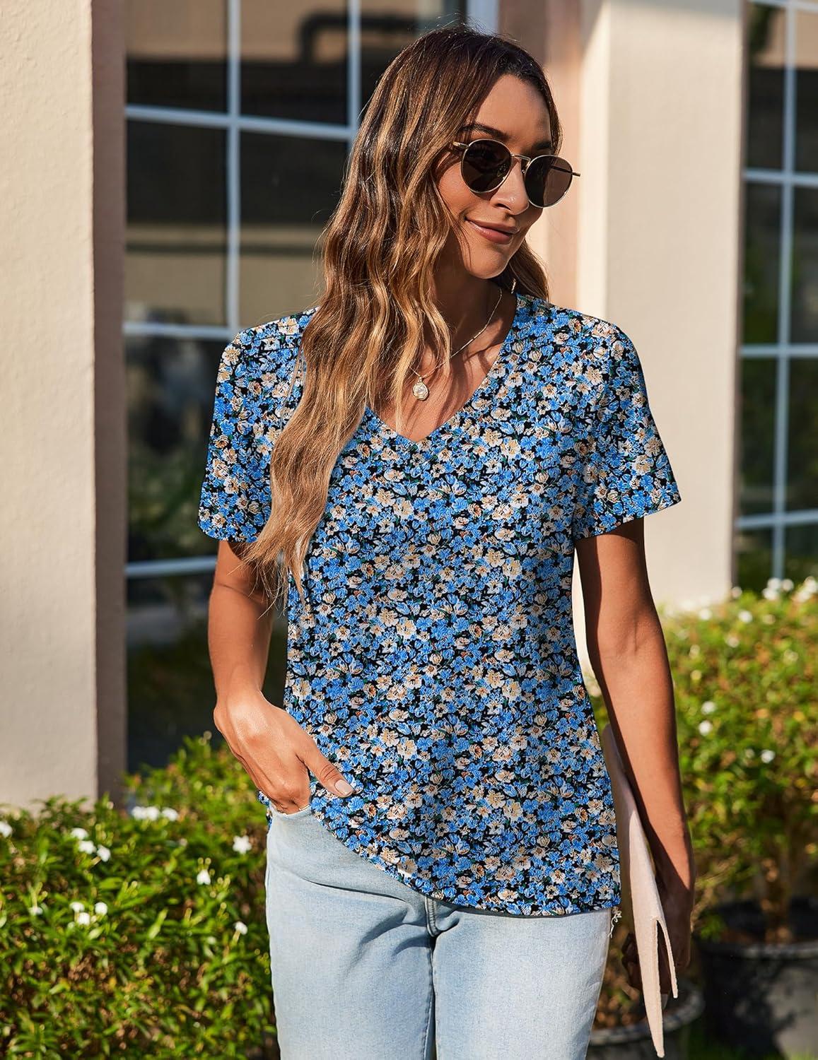 imageZeagoo Womens Short Sleeve Shirts for Summer Casual VNeck Blouse Shirts 2025 Dressy Tops with PleatsBlue Floral02