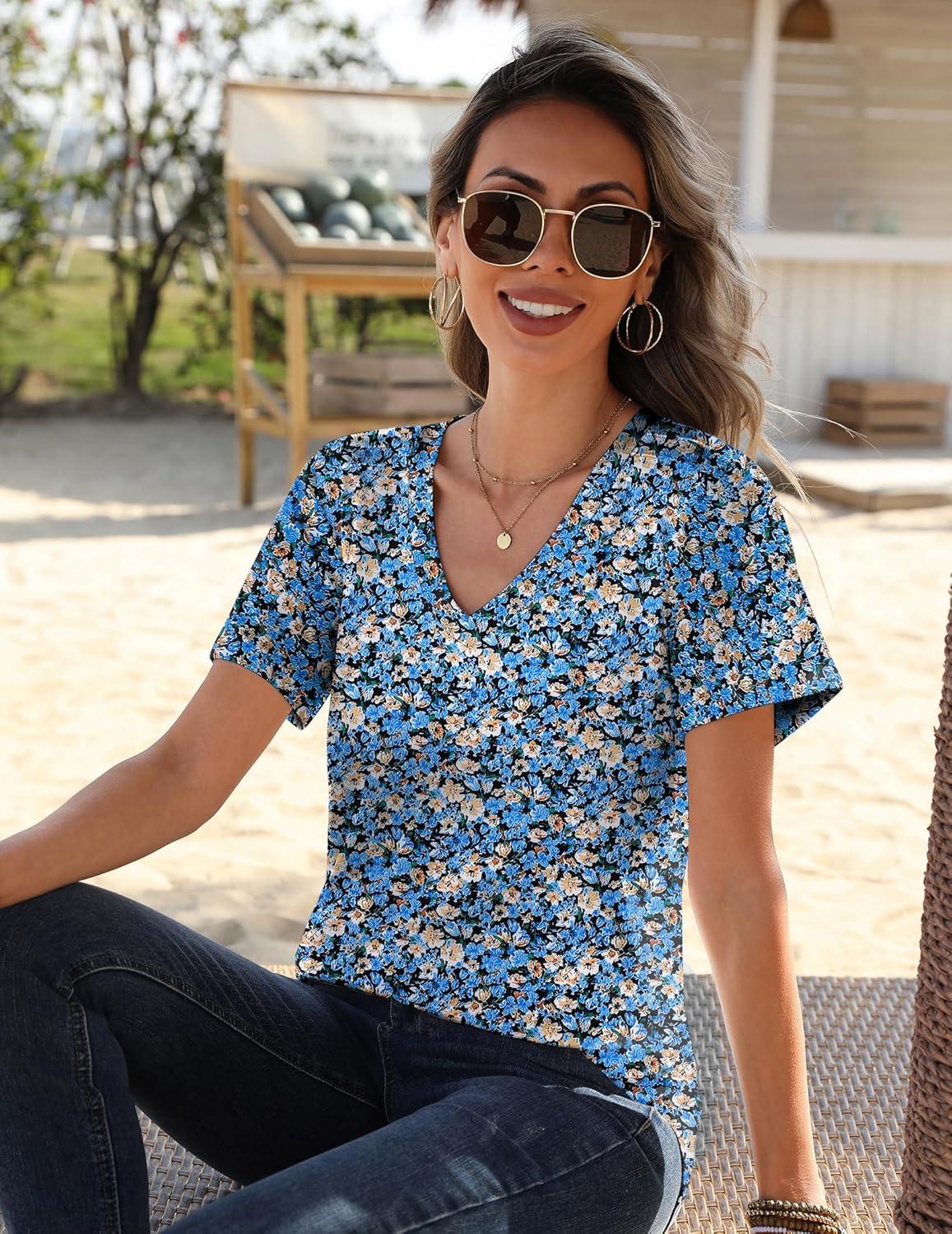 imageZeagoo Womens Short Sleeve Shirts for Summer Casual VNeck Blouse Shirts 2025 Dressy Tops with PleatsBlue Floral02