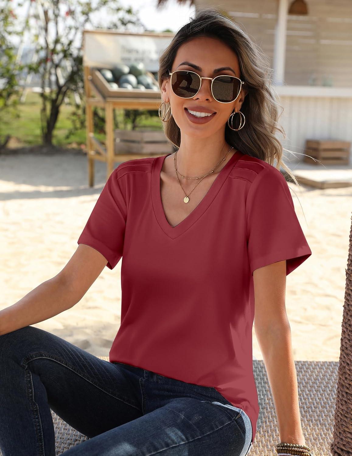 imageZeagoo Womens Short Sleeve Shirts for Summer Casual VNeck Blouse Shirts 2025 Dressy Tops with PleatsBurgundy