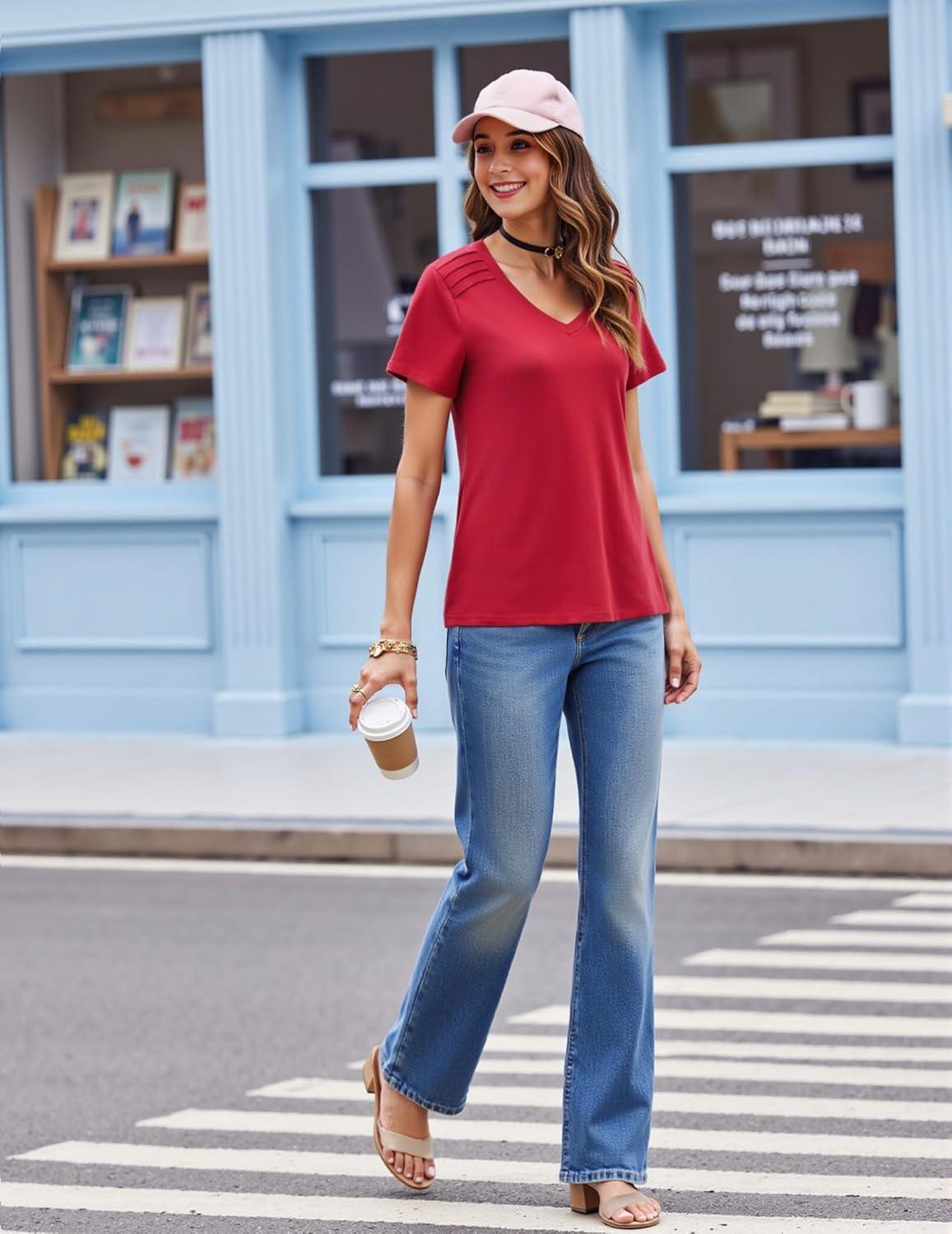 imageZeagoo Womens Short Sleeve Shirts for Summer Casual VNeck Blouse Shirts 2025 Dressy Tops with PleatsBurgundy