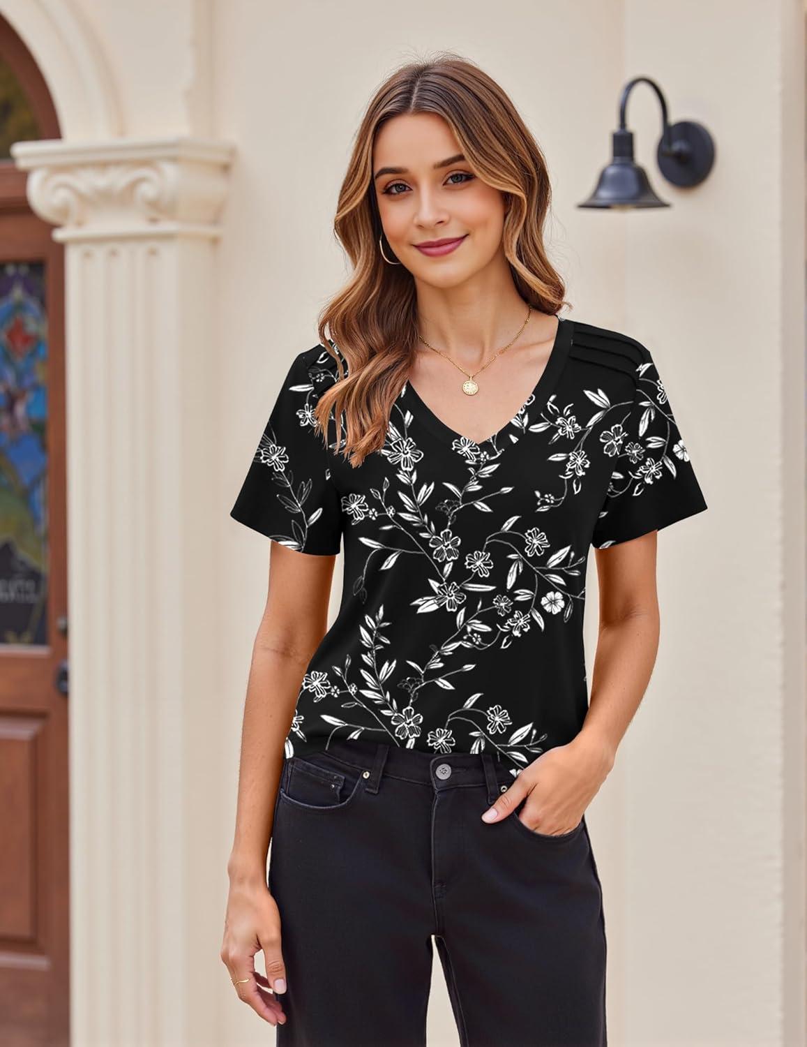imageZeagoo Womens Short Sleeve Shirts for Summer Casual VNeck Blouse Shirts 2025 Dressy Tops with PleatsFlower10