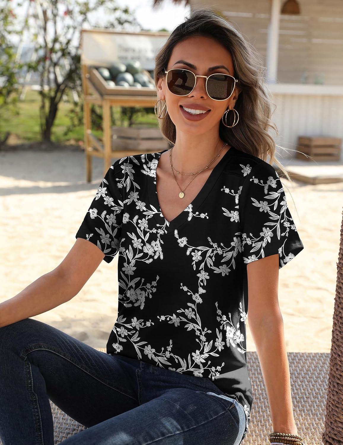 imageZeagoo Womens Short Sleeve Shirts for Summer Casual VNeck Blouse Shirts 2025 Dressy Tops with PleatsFlower10