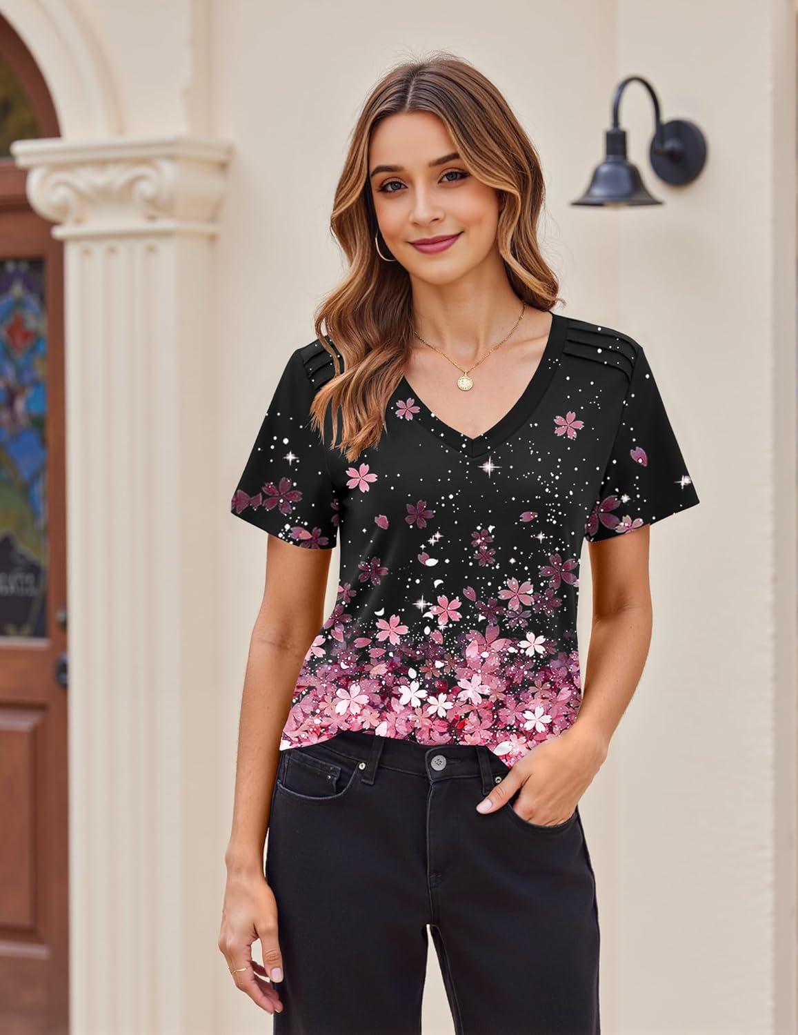 imageZeagoo Womens Short Sleeve Shirts for Summer Casual VNeck Blouse Shirts 2025 Dressy Tops with PleatsFlower11