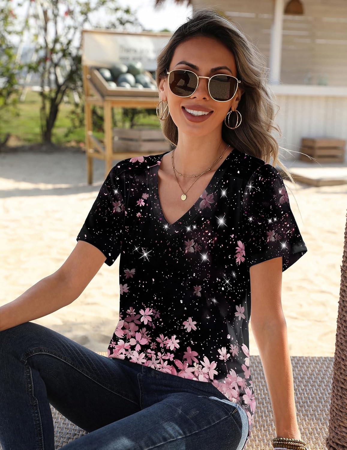 imageZeagoo Womens Short Sleeve Shirts for Summer Casual VNeck Blouse Shirts 2025 Dressy Tops with PleatsFlower11