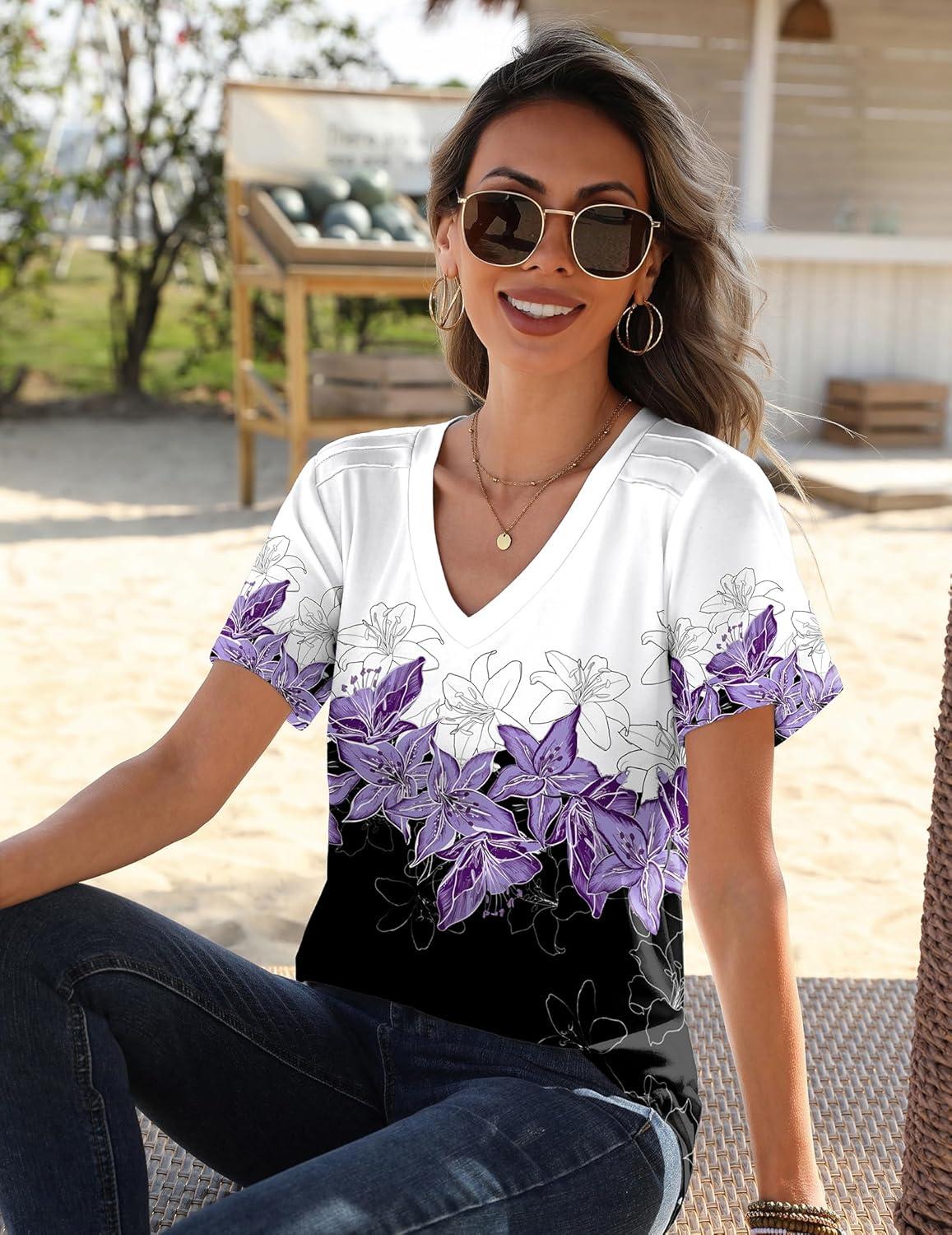 imageZeagoo Womens Short Sleeve Shirts for Summer Casual VNeck Blouse Shirts 2025 Dressy Tops with PleatsFlower12