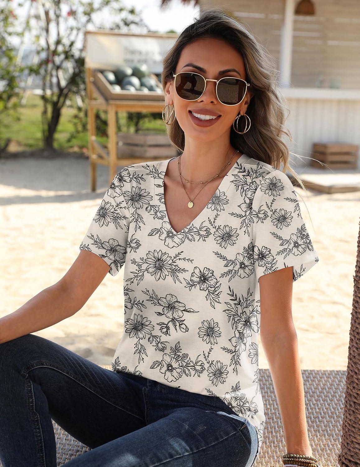 imageZeagoo Womens Short Sleeve Shirts for Summer Casual VNeck Blouse Shirts 2025 Dressy Tops with PleatsFlower13