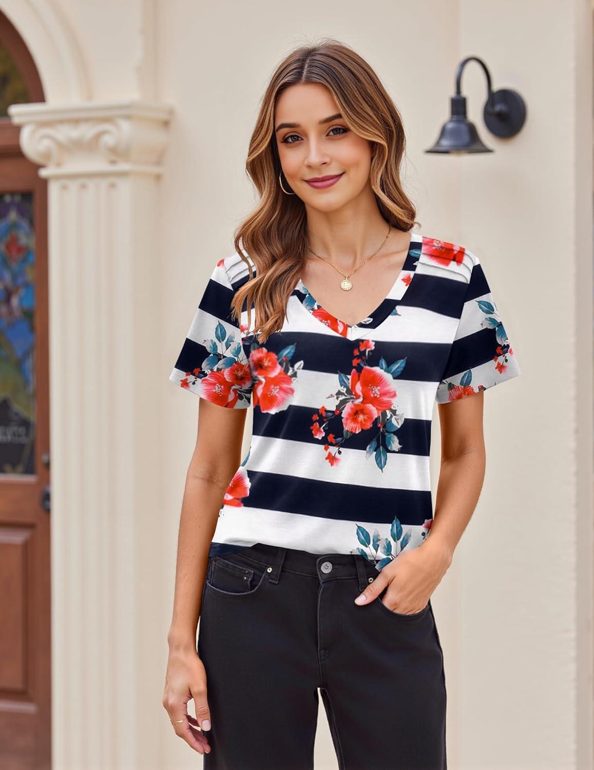 imageZeagoo Womens Short Sleeve Shirts for Summer Casual VNeck Blouse Shirts 2025 Dressy Tops with PleatsFlower3