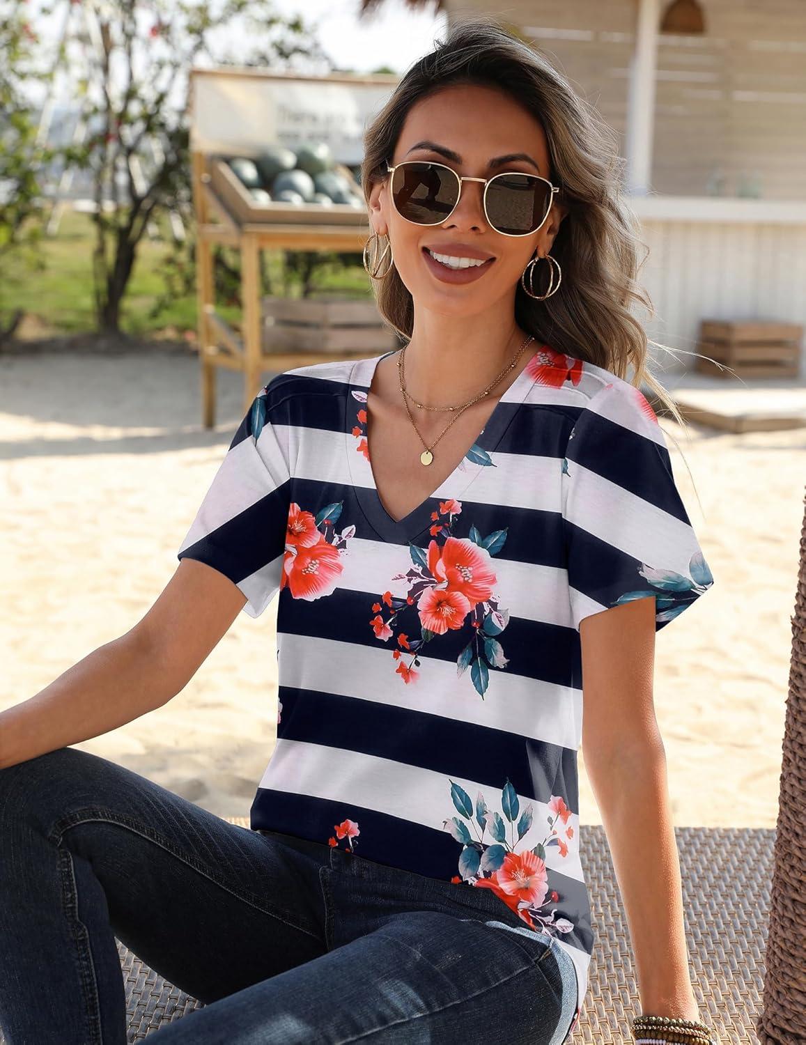imageZeagoo Womens Short Sleeve Shirts for Summer Casual VNeck Blouse Shirts 2025 Dressy Tops with PleatsFlower3