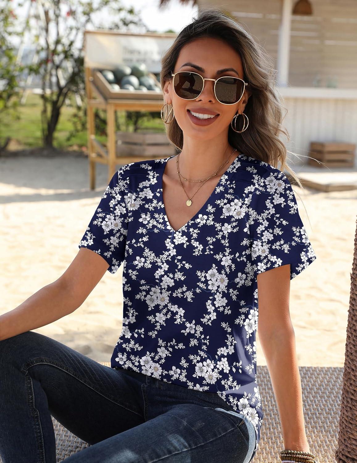 imageZeagoo Womens Short Sleeve Shirts for Summer Casual VNeck Blouse Shirts 2025 Dressy Tops with PleatsFlower4