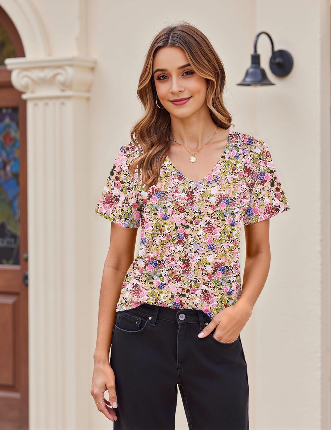 imageZeagoo Womens Short Sleeve Shirts for Summer Casual VNeck Blouse Shirts 2025 Dressy Tops with PleatsFlower5