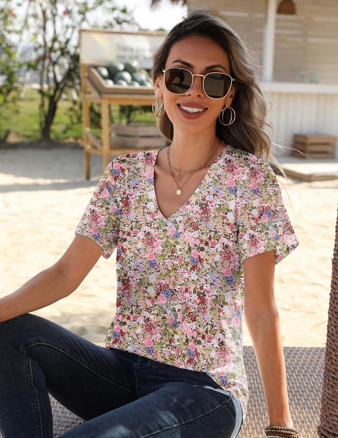 imageZeagoo Womens Short Sleeve Shirts for Summer Casual VNeck Blouse Shirts 2025 Dressy Tops with PleatsFlower5