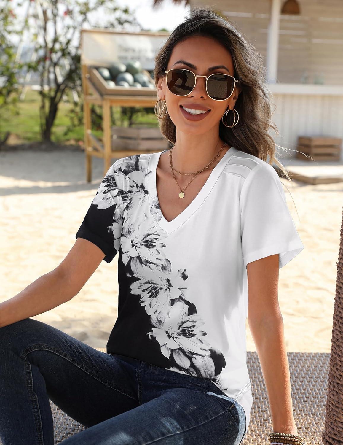 imageZeagoo Womens Short Sleeve Shirts for Summer Casual VNeck Blouse Shirts 2025 Dressy Tops with PleatsFlower6