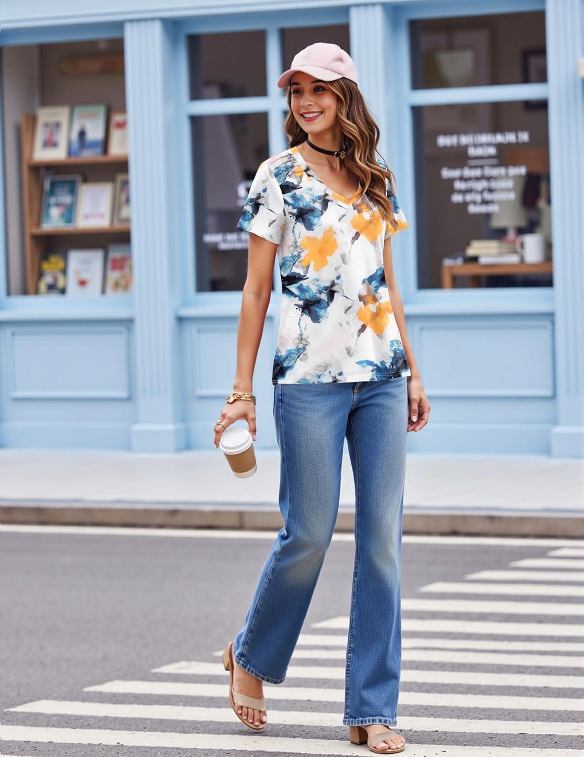 imageZeagoo Womens Short Sleeve Shirts for Summer Casual VNeck Blouse Shirts 2025 Dressy Tops with PleatsFlower7