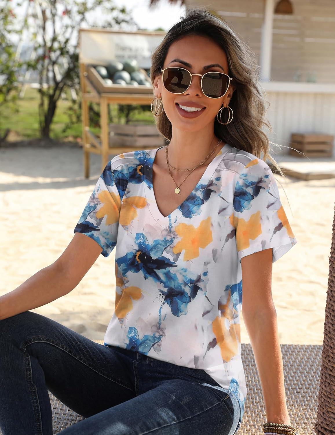 imageZeagoo Womens Short Sleeve Shirts for Summer Casual VNeck Blouse Shirts 2025 Dressy Tops with PleatsFlower7