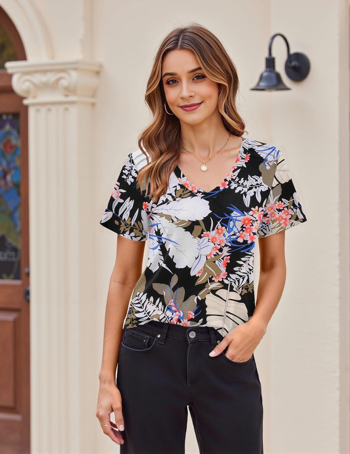 imageZeagoo Womens Short Sleeve Shirts for Summer Casual VNeck Blouse Shirts 2025 Dressy Tops with PleatsFlower8