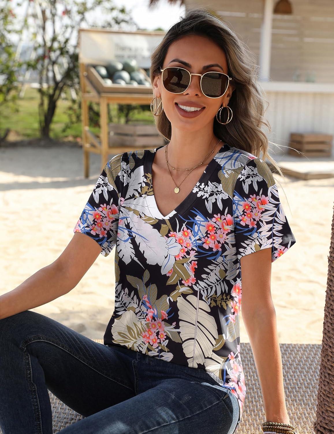 imageZeagoo Womens Short Sleeve Shirts for Summer Casual VNeck Blouse Shirts 2025 Dressy Tops with PleatsFlower8
