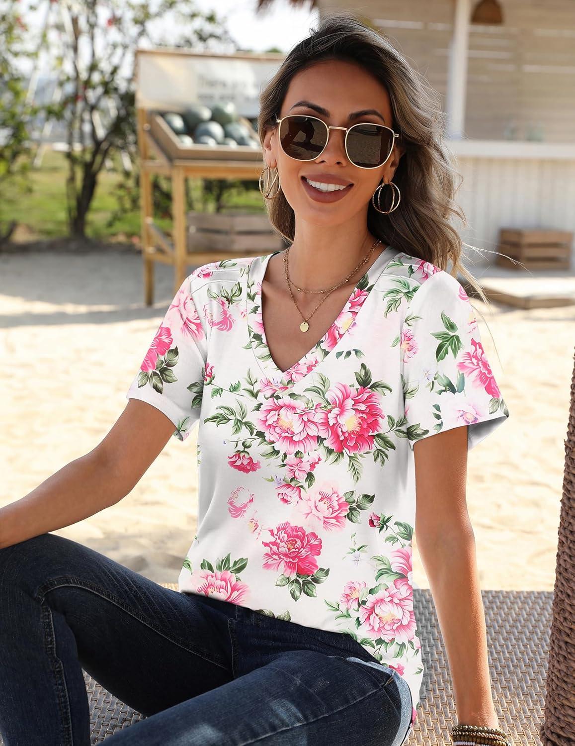 imageZeagoo Womens Short Sleeve Shirts for Summer Casual VNeck Blouse Shirts 2025 Dressy Tops with PleatsPink Floral