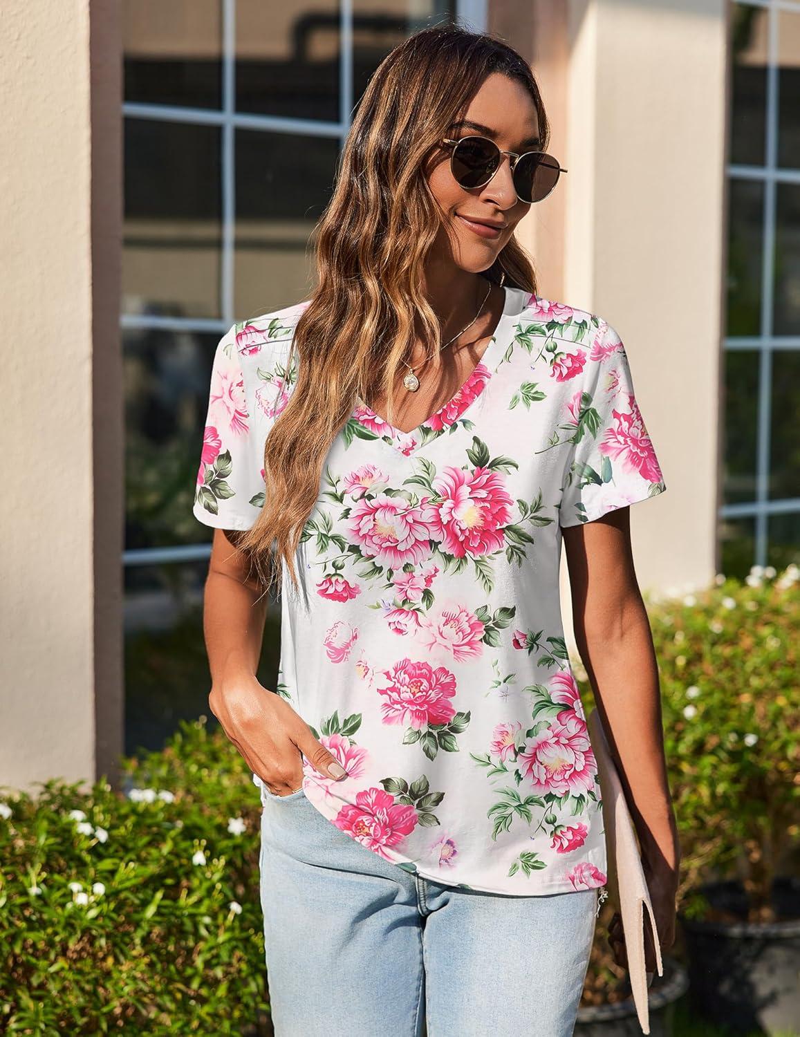 imageZeagoo Womens Short Sleeve Shirts for Summer Casual VNeck Blouse Shirts 2025 Dressy Tops with PleatsPink Floral