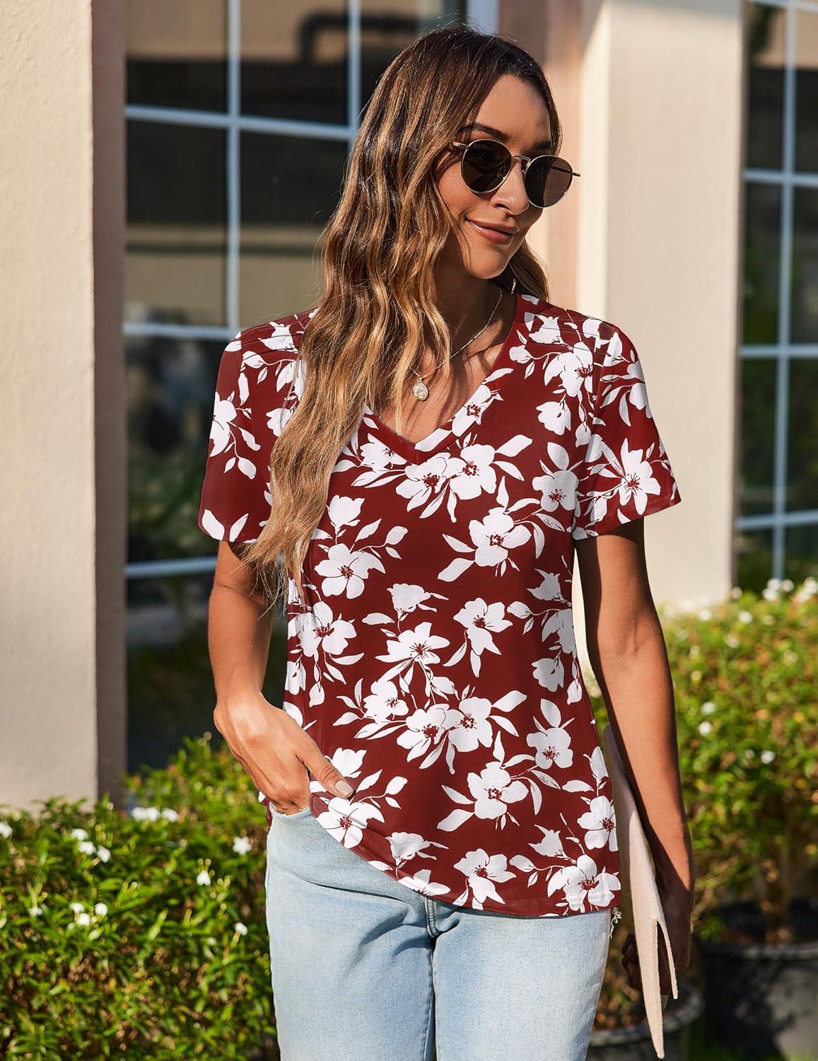 imageZeagoo Womens Short Sleeve Shirts for Summer Casual VNeck Blouse Shirts 2025 Dressy Tops with PleatsRed Floral