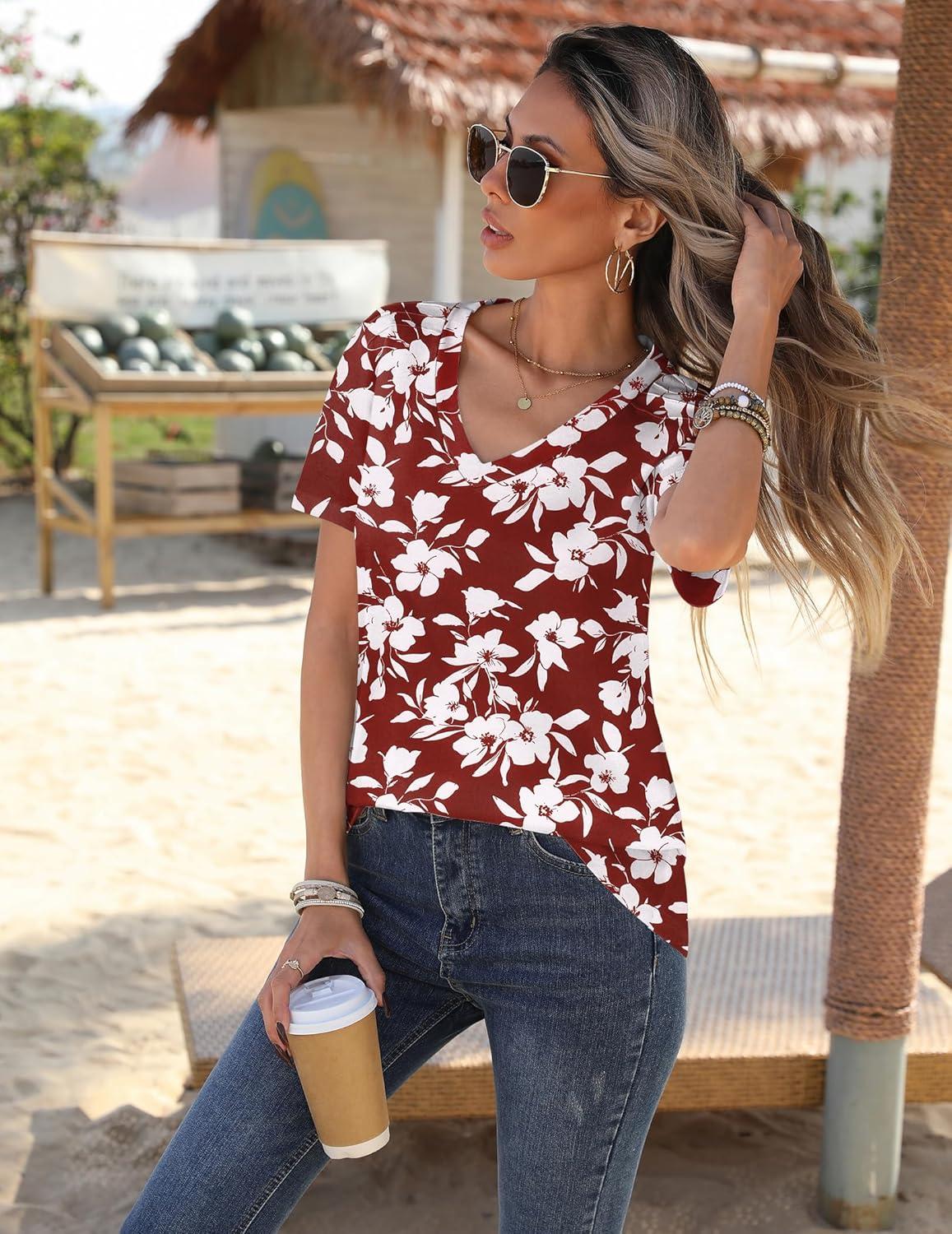 imageZeagoo Womens Short Sleeve Shirts for Summer Casual VNeck Blouse Shirts 2025 Dressy Tops with PleatsRed Floral