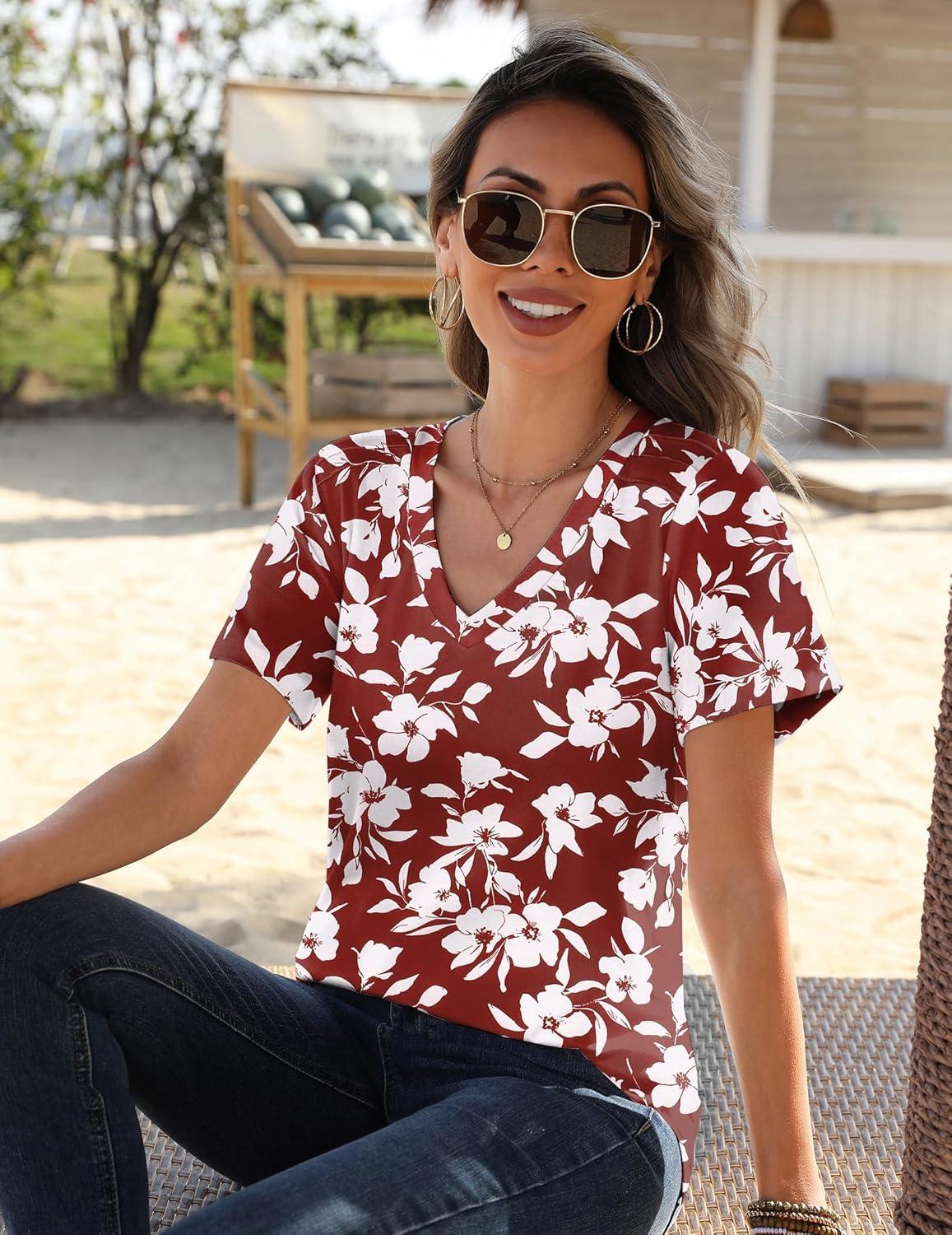 imageZeagoo Womens Short Sleeve Shirts for Summer Casual VNeck Blouse Shirts 2025 Dressy Tops with PleatsRed Floral