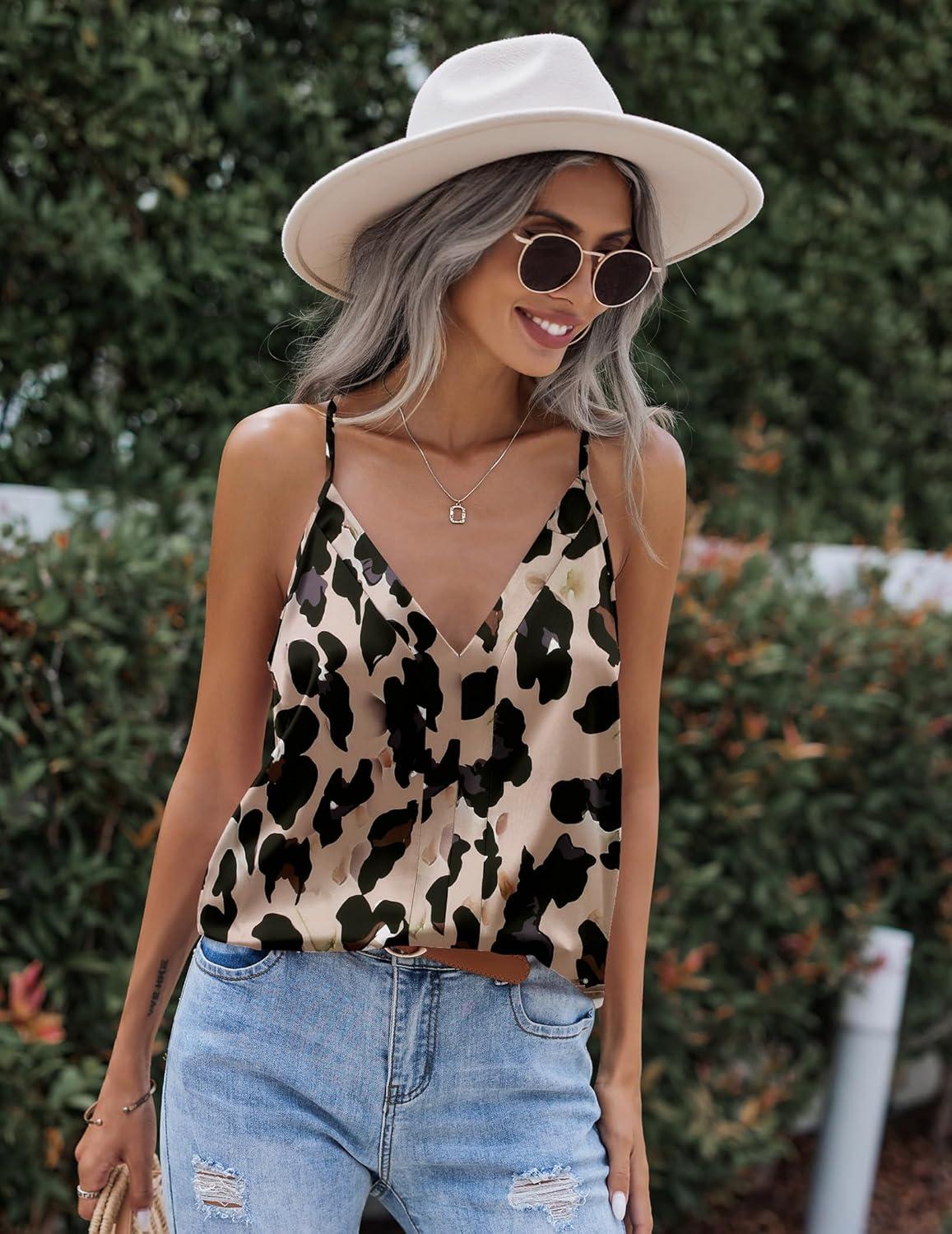 imageZeagoo Womens Silk Satin Tank Tops V Neck Sleeveless Camisole Cami Spaghetti Straps Blouse Summer Loose Racerback ShirtAn256