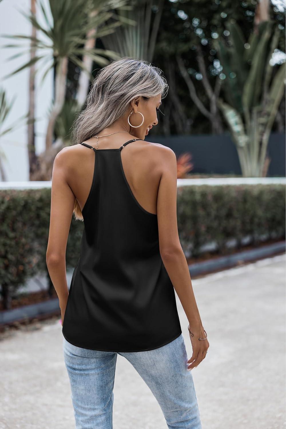 imageZeagoo Womens Silk Satin Tank Tops V Neck Sleeveless Camisole Cami Spaghetti Straps Blouse Summer Loose Racerback ShirtBlack