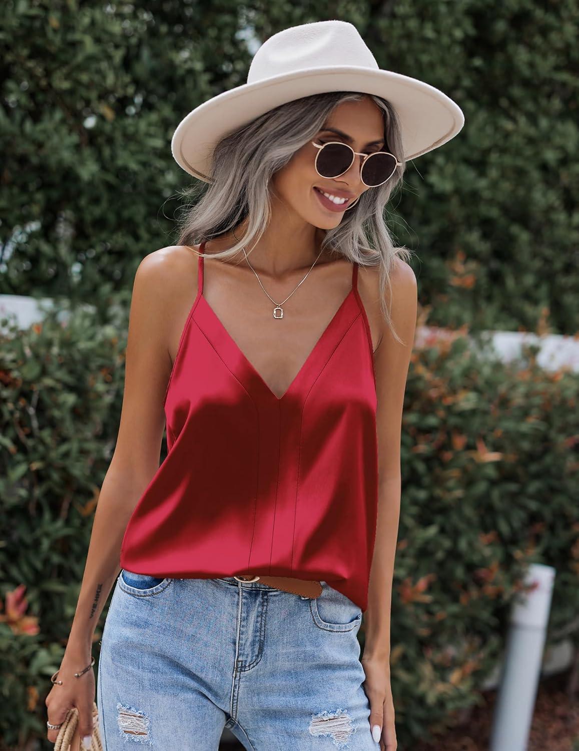 imageZeagoo Womens Silk Satin Tank Tops V Neck Sleeveless Camisole Cami Spaghetti Straps Blouse Summer Loose Racerback ShirtRed