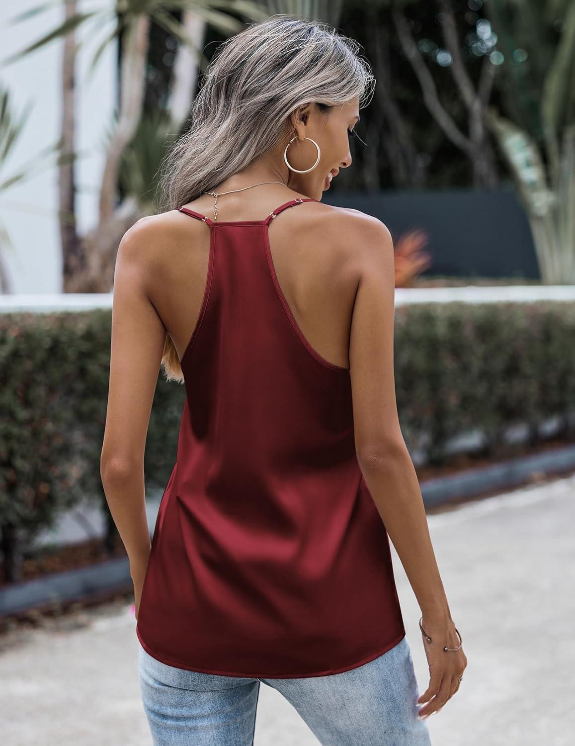 imageZeagoo Womens Silk Satin Tank Tops V Neck Sleeveless Camisole Cami Spaghetti Straps Blouse Summer Loose Racerback ShirtWine Red