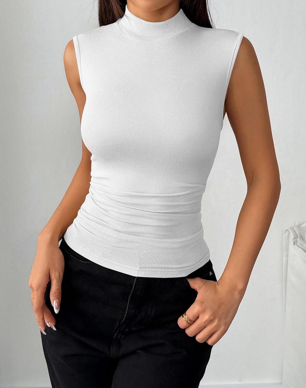 imageZeagoo Womens Sleeveless Mock Turtleneck Tank Tops Slim Fit Stretch Ribbed Tops Casual Basic Layering Shirts 2026Awhite