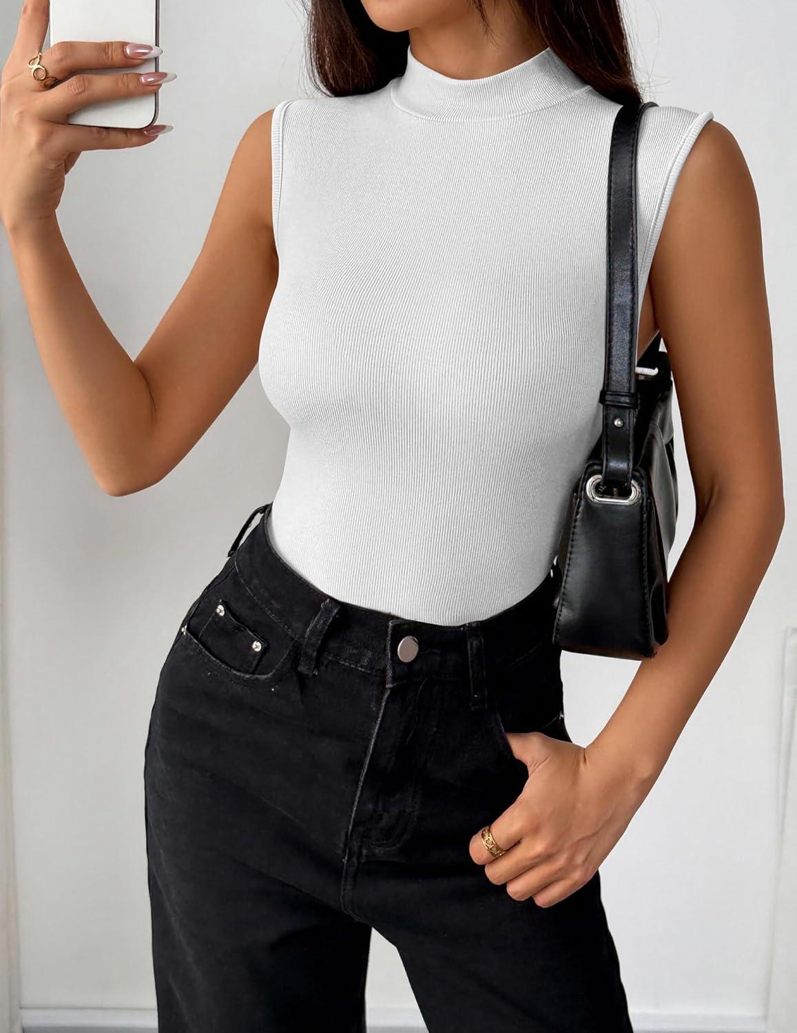 imageZeagoo Womens Sleeveless Mock Turtleneck Tank Tops Slim Fit Stretch Ribbed Tops Casual Basic Layering Shirts 2026Awhite
